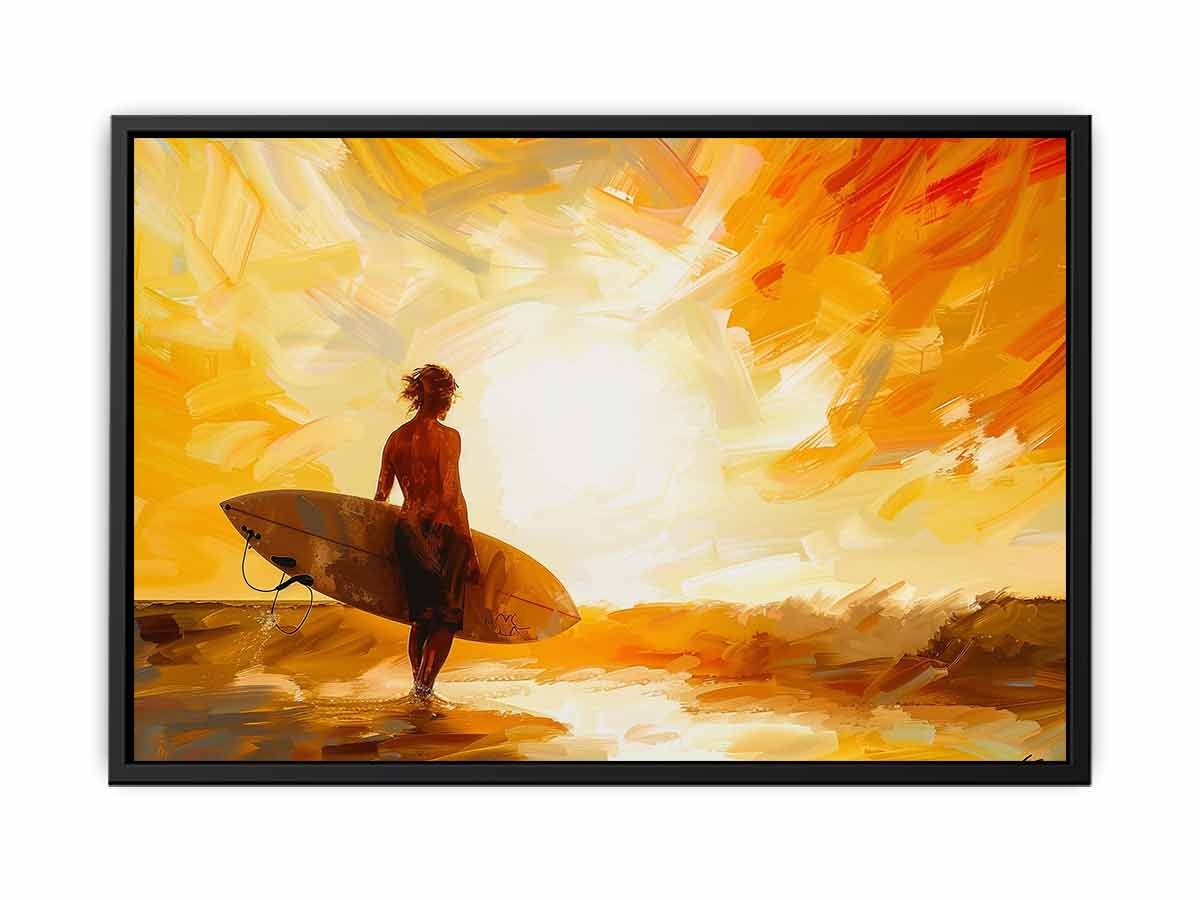 Golden surfer canvas print with sunset, ocean waves and surfboard for coastal bedroom decor.