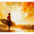 Golden surfer canvas print with sunset, ocean waves and surfboard for coastal bedroom decor.