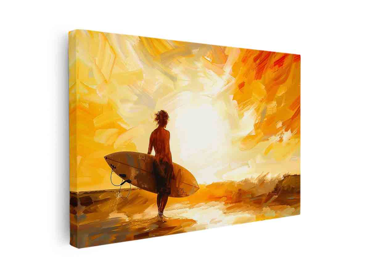 Golden surfer canvas print with sunset, ocean waves and surfboard for coastal bedroom decor.