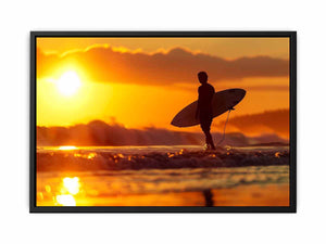 Surfer silhouette wall art with golden sunset and ocean waves for coastal bedroom decor.