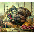 Sepia city bridge photography wall art with lights and water reflections for office decor.