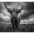Minimal black and white Highland cow portrait canvas print for modern farmhouse living room decor.
