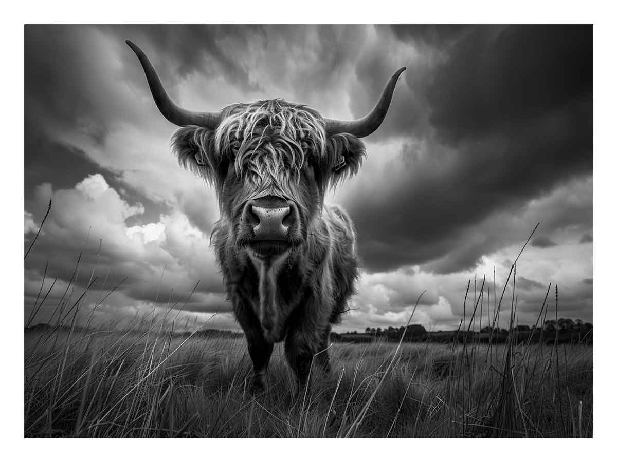 Minimal black and white Highland cow portrait canvas print for modern farmhouse living room decor.