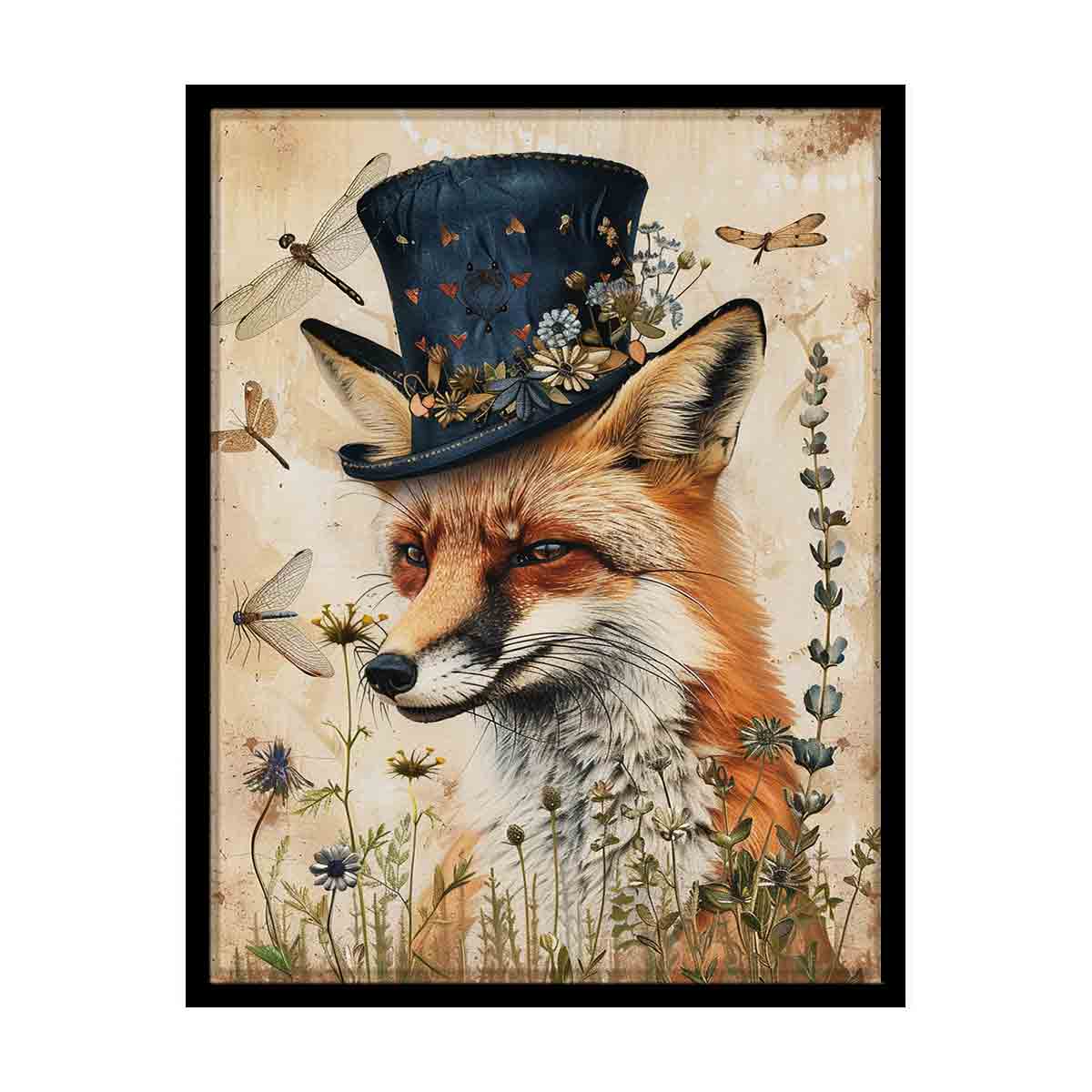 Vintage fox portrait wall art with wildflowers and botanical details for nursery decor.