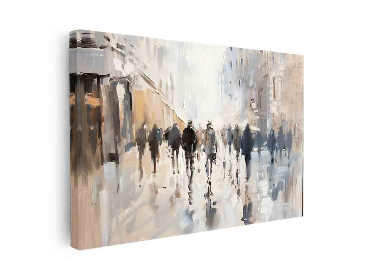 Abstract city street wall art with walking figures and neutral tones for modern office decor.
