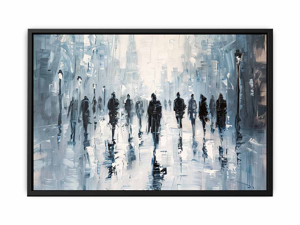 Blue abstract city canvas print with walking silhouettes and reflections for modern office decor.