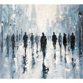 Blue abstract city canvas print with walking silhouettes and reflections for modern office decor.