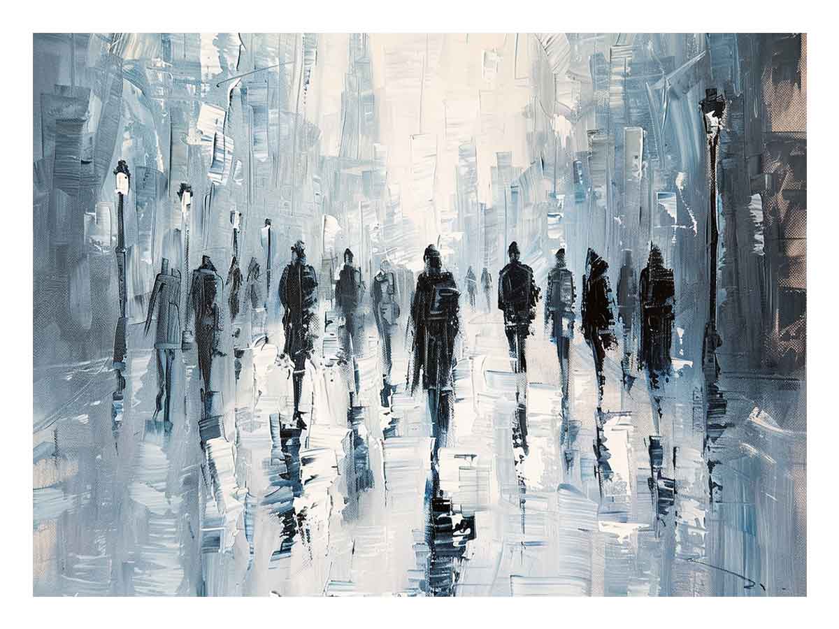 Blue abstract city canvas print with walking silhouettes and reflections for modern office decor.