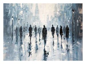 Blue abstract city canvas print with walking silhouettes and reflections for modern office decor.