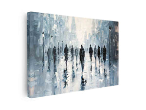 Blue abstract city canvas print with walking silhouettes and reflections for modern office decor.