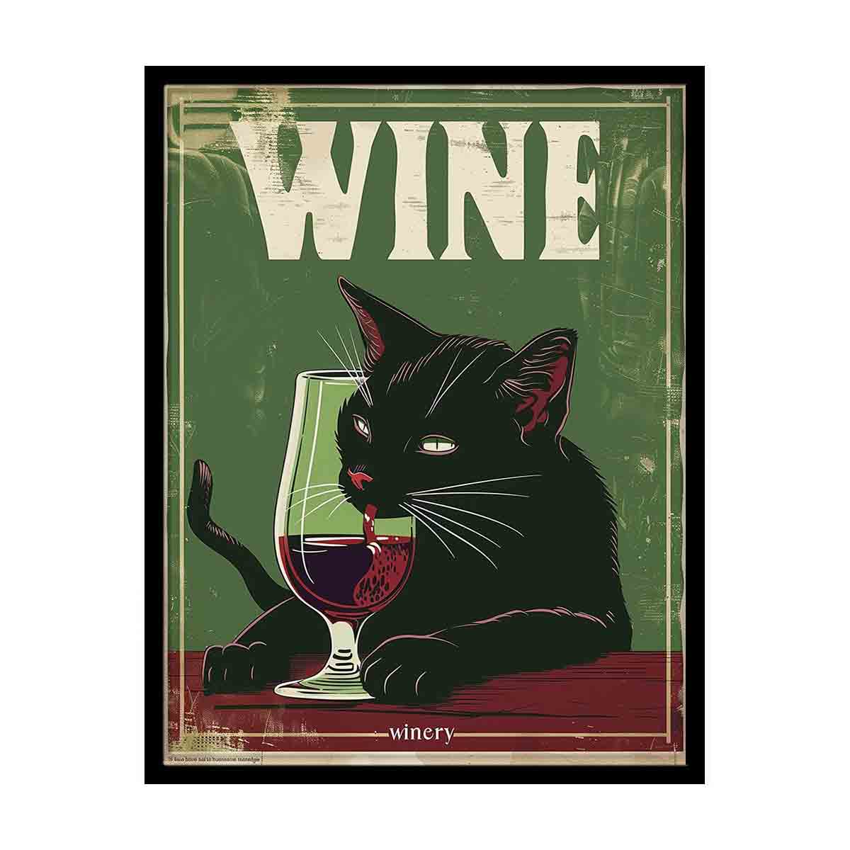 Vintage black cat winery poster wall art with wine glass for kitchen or home bar decor.