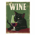 Vintage black cat winery poster wall art with wine glass for kitchen or home bar decor.