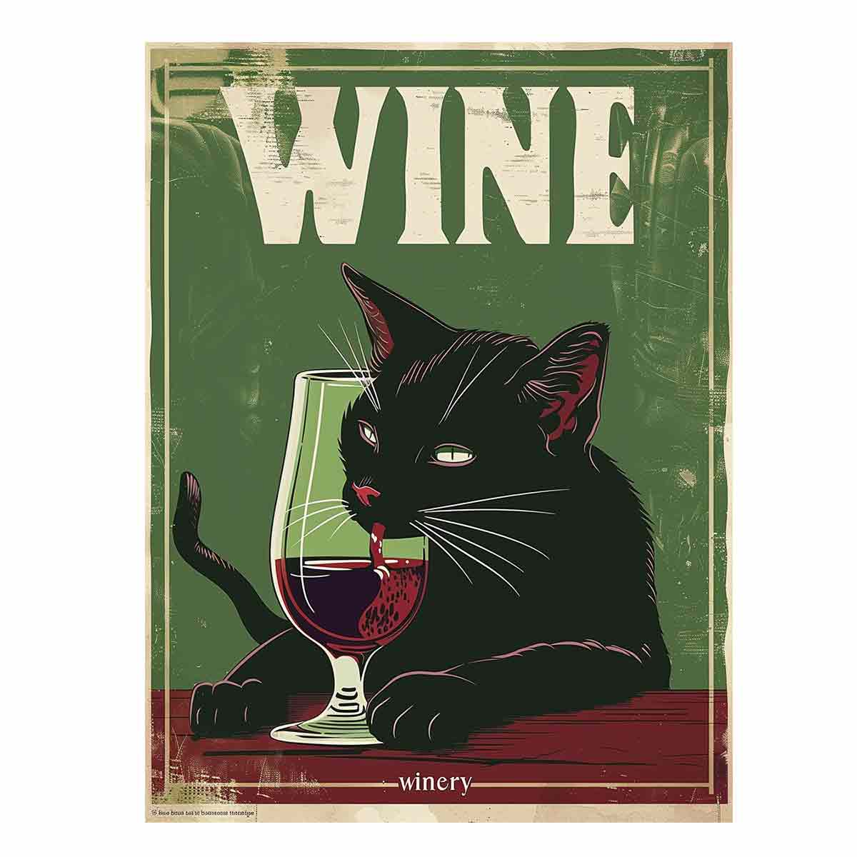 Vintage black cat winery poster wall art with wine glass for kitchen or home bar decor.