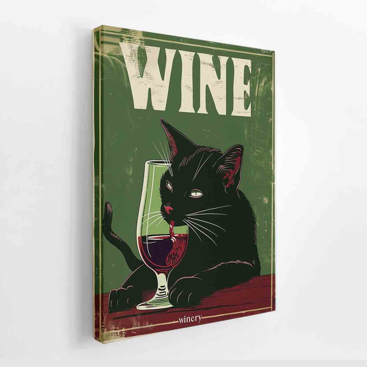 Vintage black cat winery poster wall art with wine glass for kitchen or home bar decor.