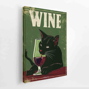 Vintage black cat winery poster wall art with wine glass for kitchen or home bar decor.