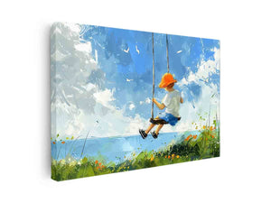 Child on swing canvas art with blue sky, birds and flowers for kids room decor.