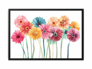 Pastel watercolor daisy canvas print with colorful flowers for bright bedroom decor.