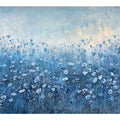 Blue wildflower meadow wall art with soft floral texture for calming bedroom decor.