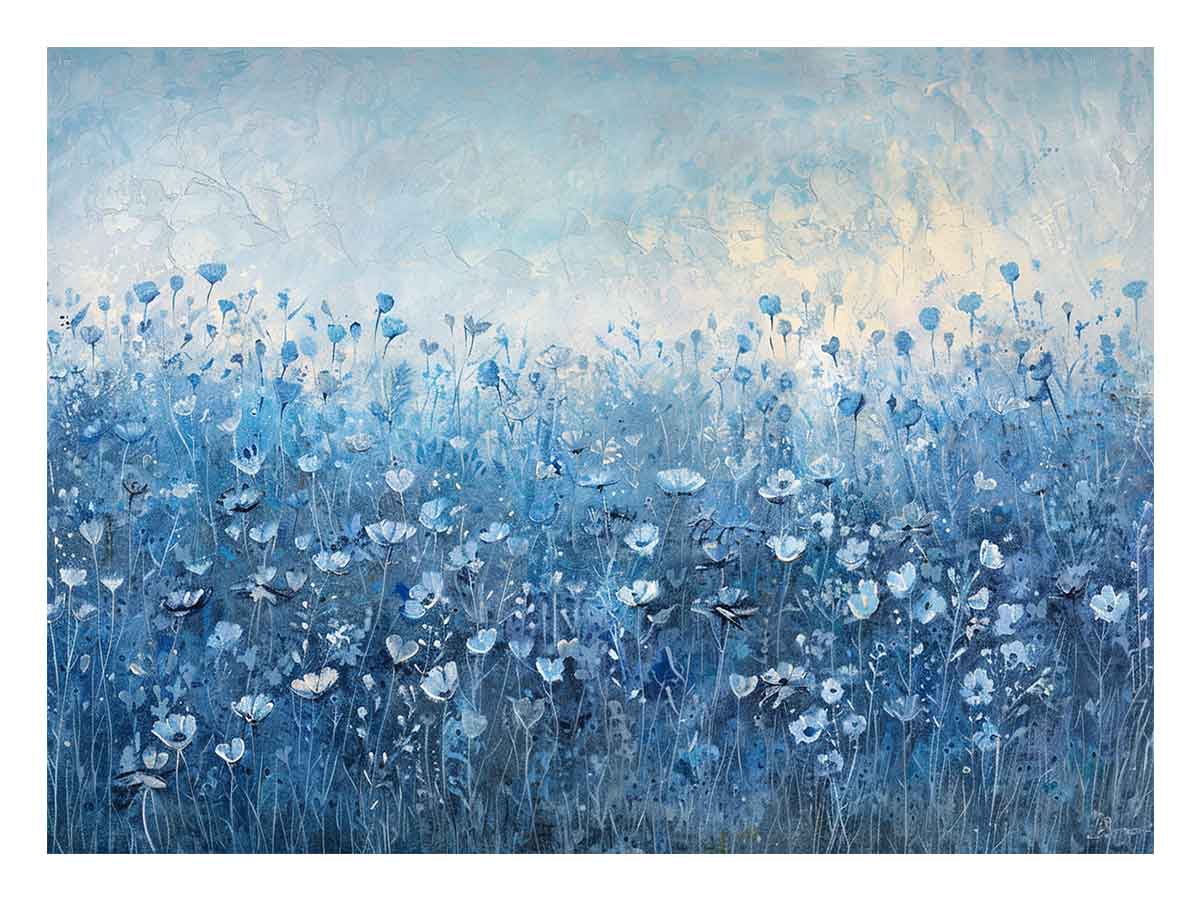 Blue wildflower meadow wall art with soft floral texture for calming bedroom decor.