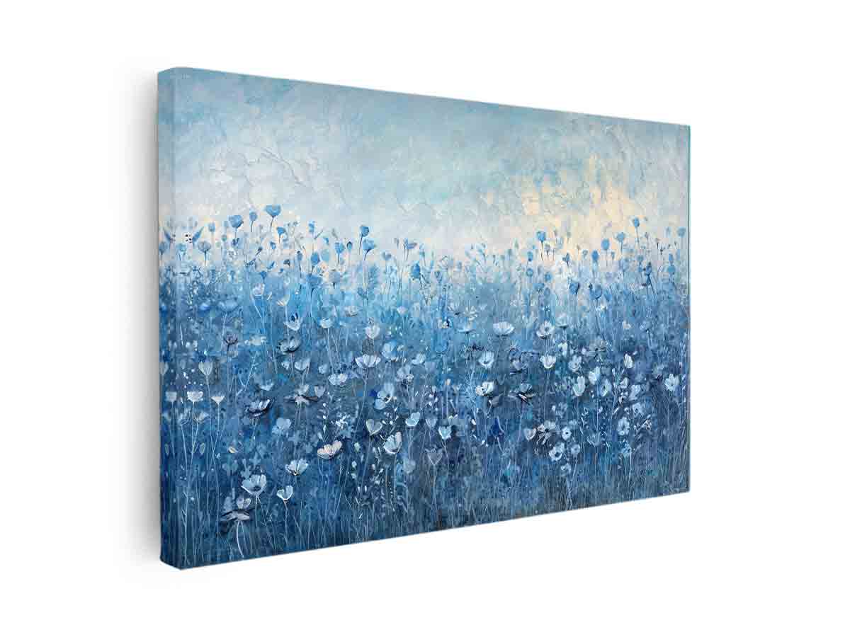 Blue wildflower meadow wall art with soft floral texture for calming bedroom decor.
