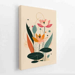 Modern lotus canvas art with lily pads and soft botanical shapes for peaceful bedroom decor.