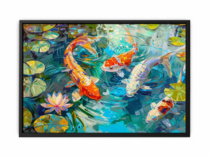 Colorful koi fish canvas print with lily pads and lotus flower for calming living room decor.