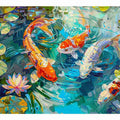Colorful koi fish canvas print with lily pads and lotus flower for calming living room decor.