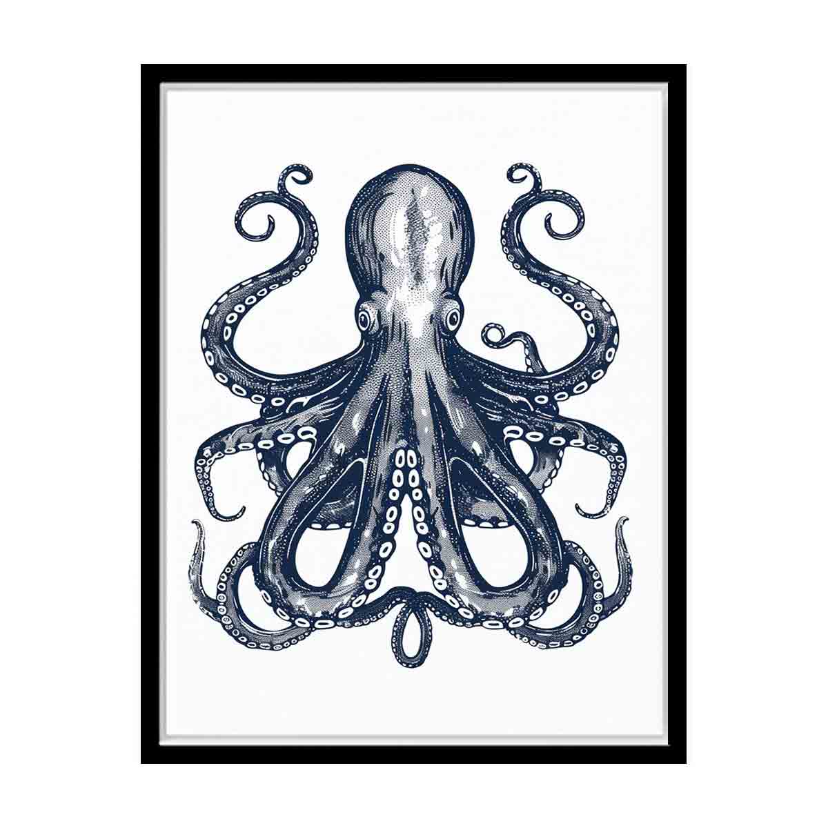 Navy octopus illustration wall art with curling tentacles for coastal bathroom decor.