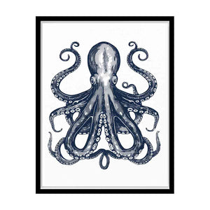 Navy octopus illustration wall art with curling tentacles for coastal bathroom decor.