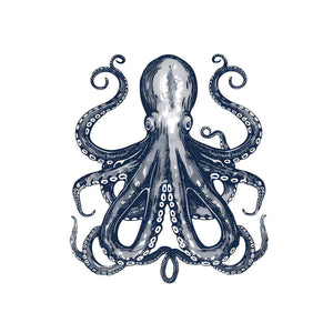 Navy octopus illustration wall art with curling tentacles for coastal bathroom decor.