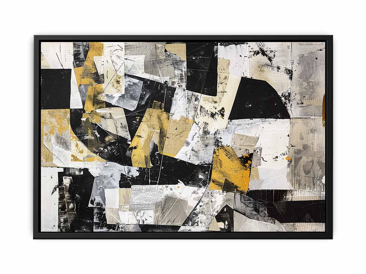 Black white and gold abstract collage wall art for modern luxury office decor.