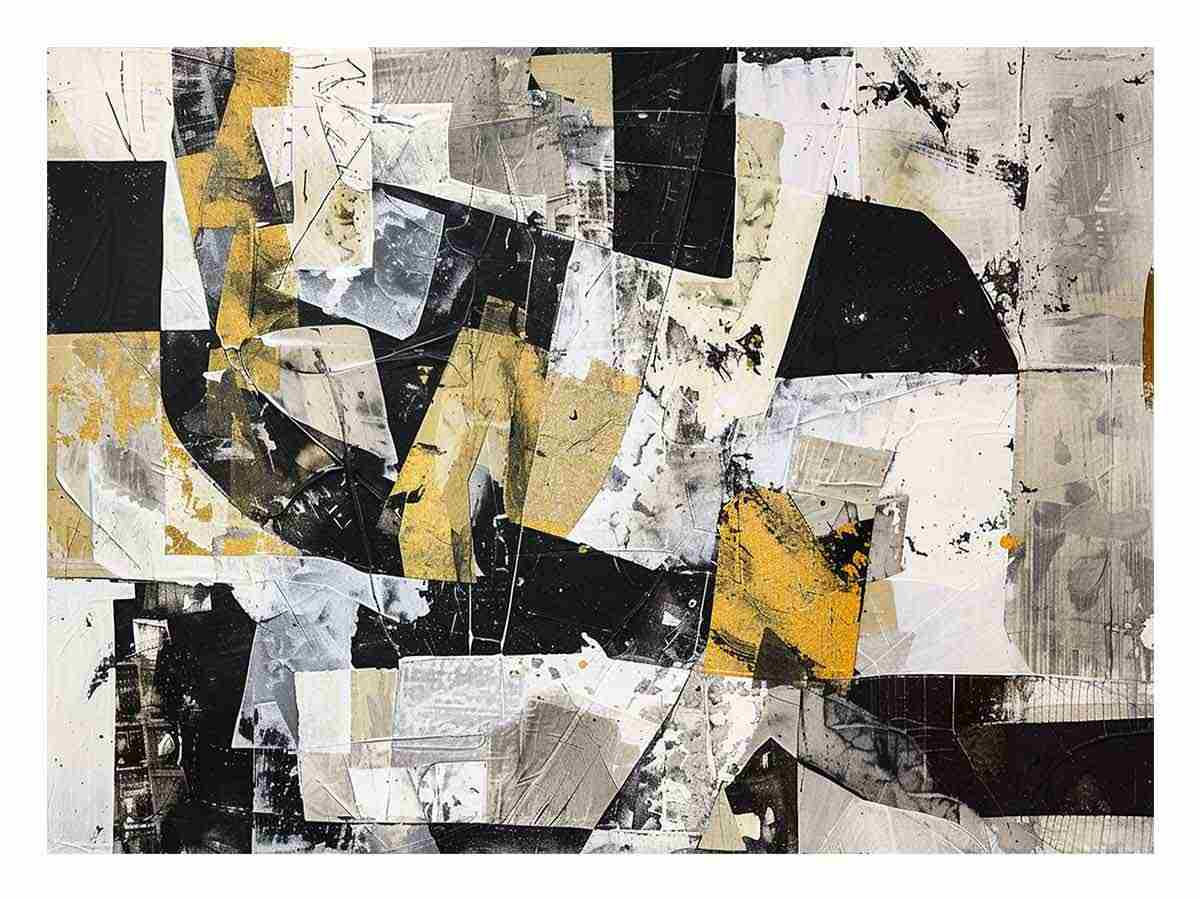 Black white and gold abstract collage wall art for modern luxury office decor.