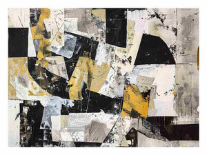 Black white and gold abstract collage wall art for modern luxury office decor.