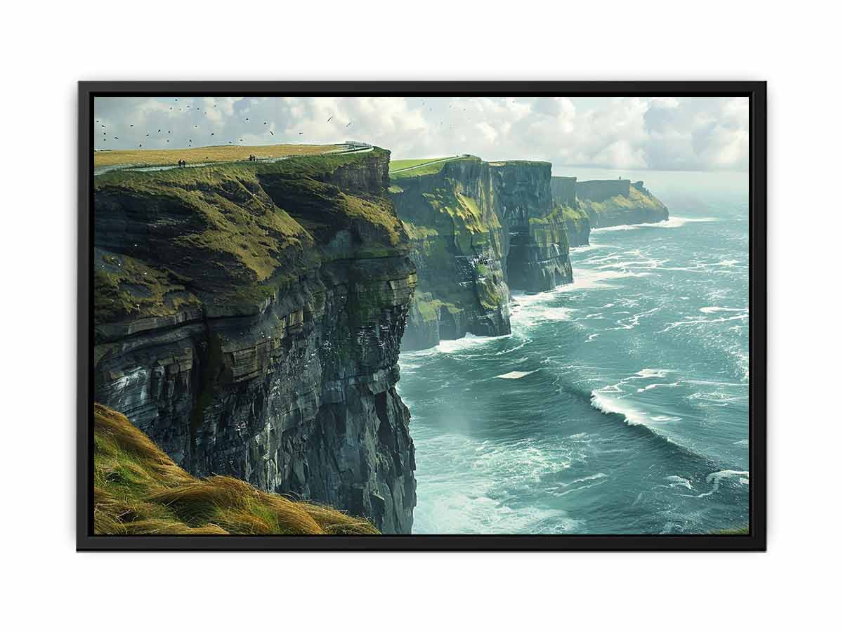 Coastal cliff canvas print with green cliffs, ocean waves and cloudy sky for living room decor.