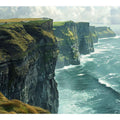Coastal cliff canvas print with green cliffs, ocean waves and cloudy sky for living room decor.