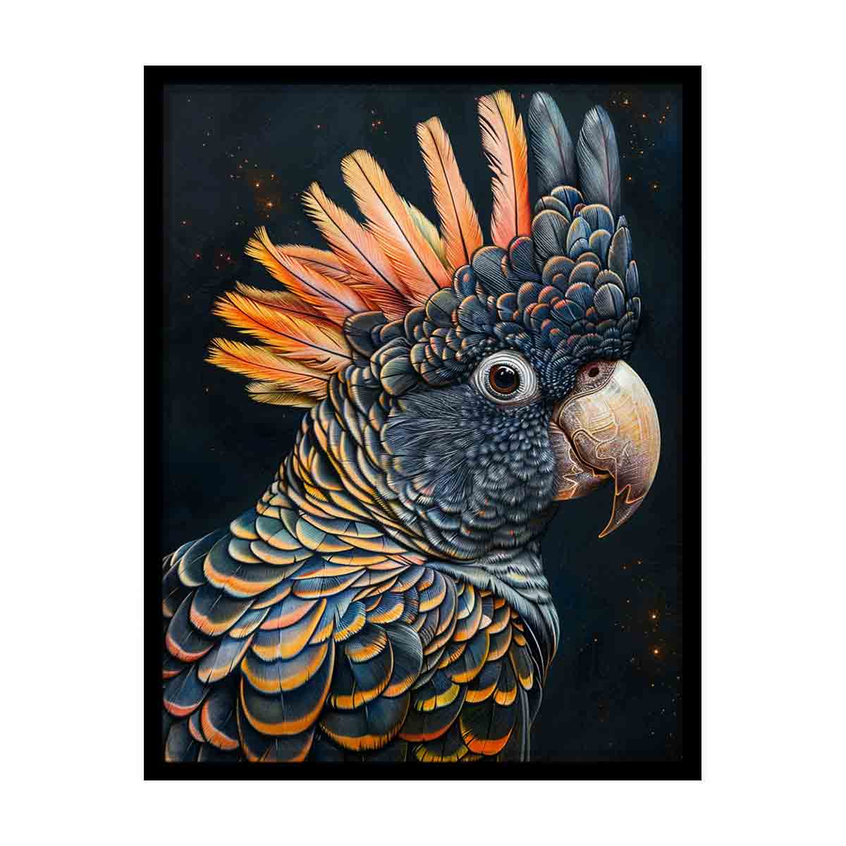 Dramatic black cockatoo canvas print with orange crest and detailed feathers for luxury living room decor.