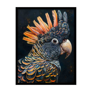 Dramatic black cockatoo canvas print with orange crest and detailed feathers for luxury living room decor.
