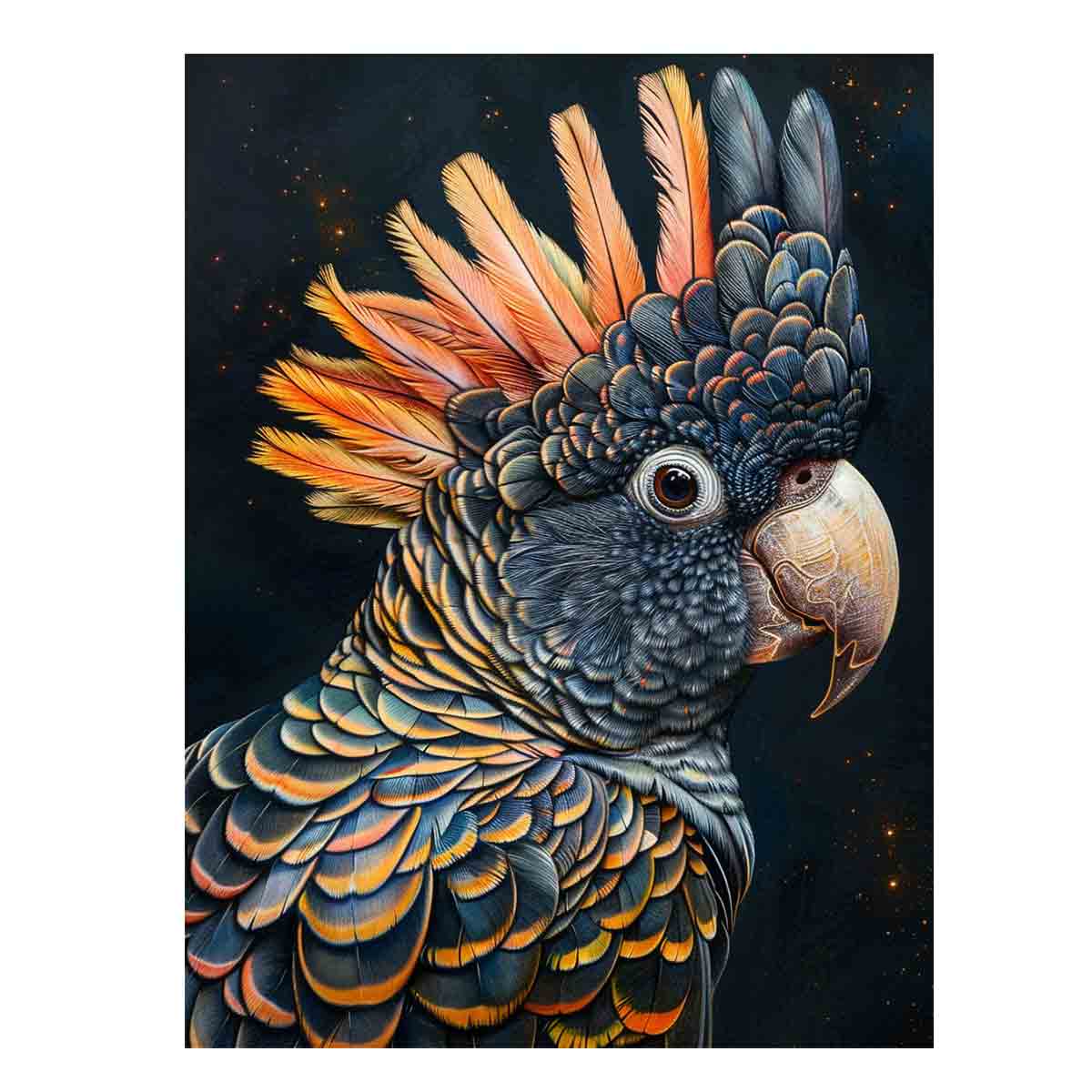 Dramatic black cockatoo canvas print with orange crest and detailed feathers for luxury living room decor.