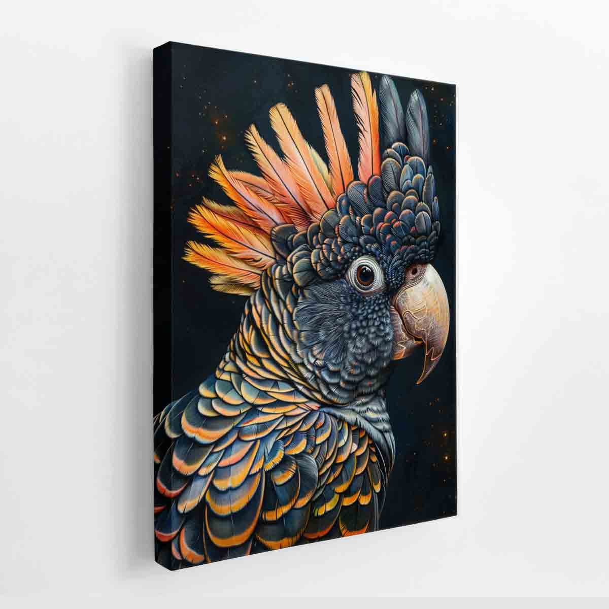 Dramatic black cockatoo canvas print with orange crest and detailed feathers for luxury living room decor.