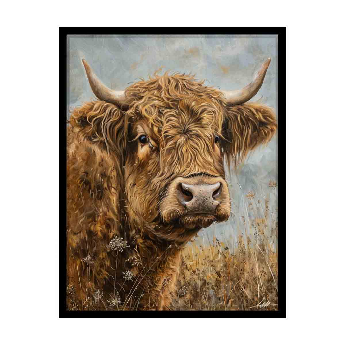Rustic Highland cow canvas art with horns and meadow grass for farmhouse living room decor.
