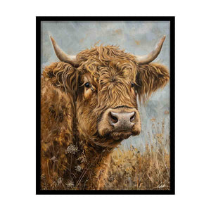 Rustic Highland cow canvas art with horns and meadow grass for farmhouse living room decor.