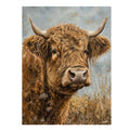Rustic Highland cow canvas art with horns and meadow grass for farmhouse living room decor.