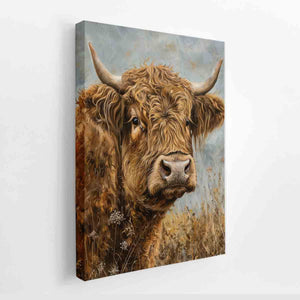 Rustic Highland cow canvas art with horns and meadow grass for farmhouse living room decor.