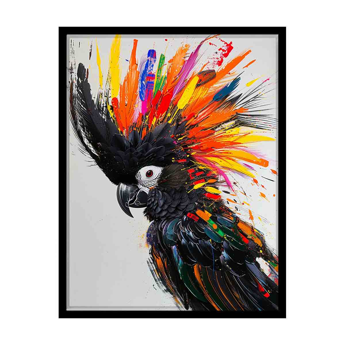 Colorful black cockatoo canvas print with explosive feathers for bold modern living room decor.