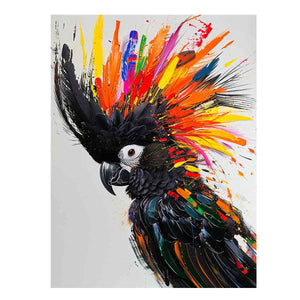 Colorful black cockatoo canvas print with explosive feathers for bold modern living room decor.