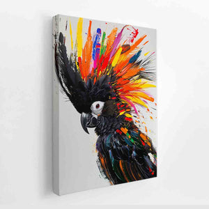 Colorful black cockatoo canvas print with explosive feathers for bold modern living room decor.