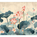 Pink lotus wall art with blue green lily pads for peaceful bedroom decor.