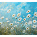 White daisy canvas print with blue sky and yellow centers for fresh bedroom decor.