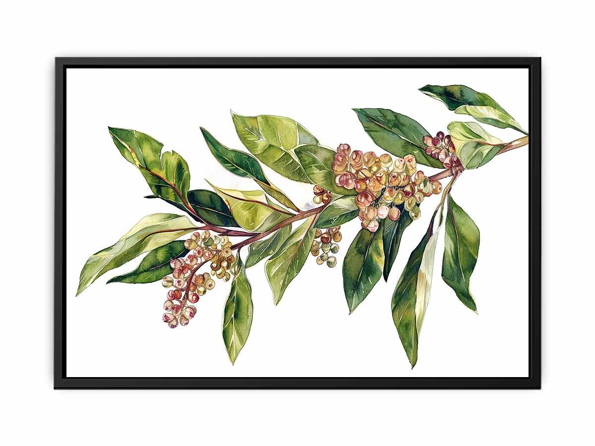 Watercolor botanical branch canvas print with green leaves and berries for minimalist bedroom decor.