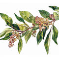 Watercolor botanical branch canvas print with green leaves and berries for minimalist bedroom decor.
